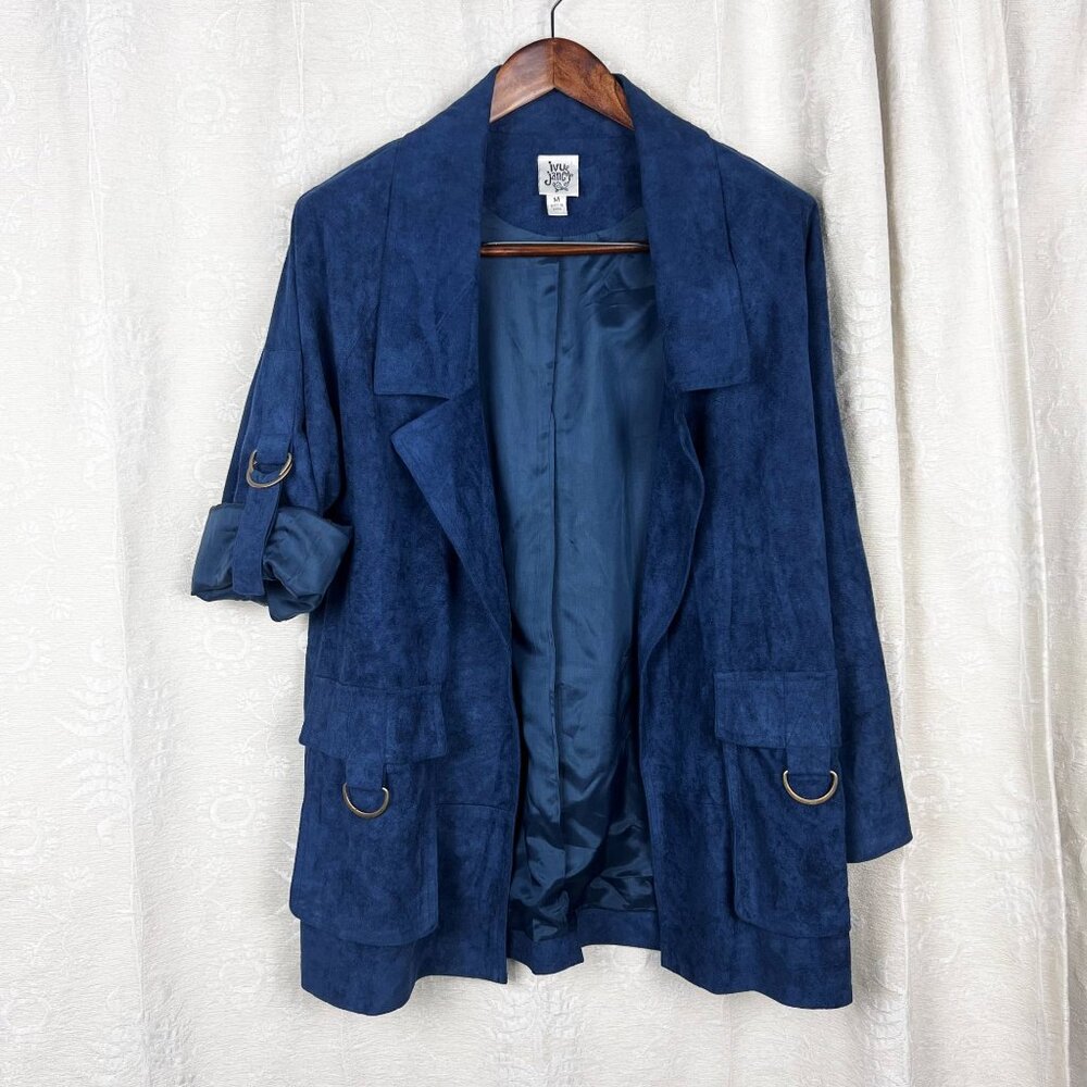 Ivy Jane faux suede open jacket d-ring roll-tab sleeve relaxed fit lagenlook
